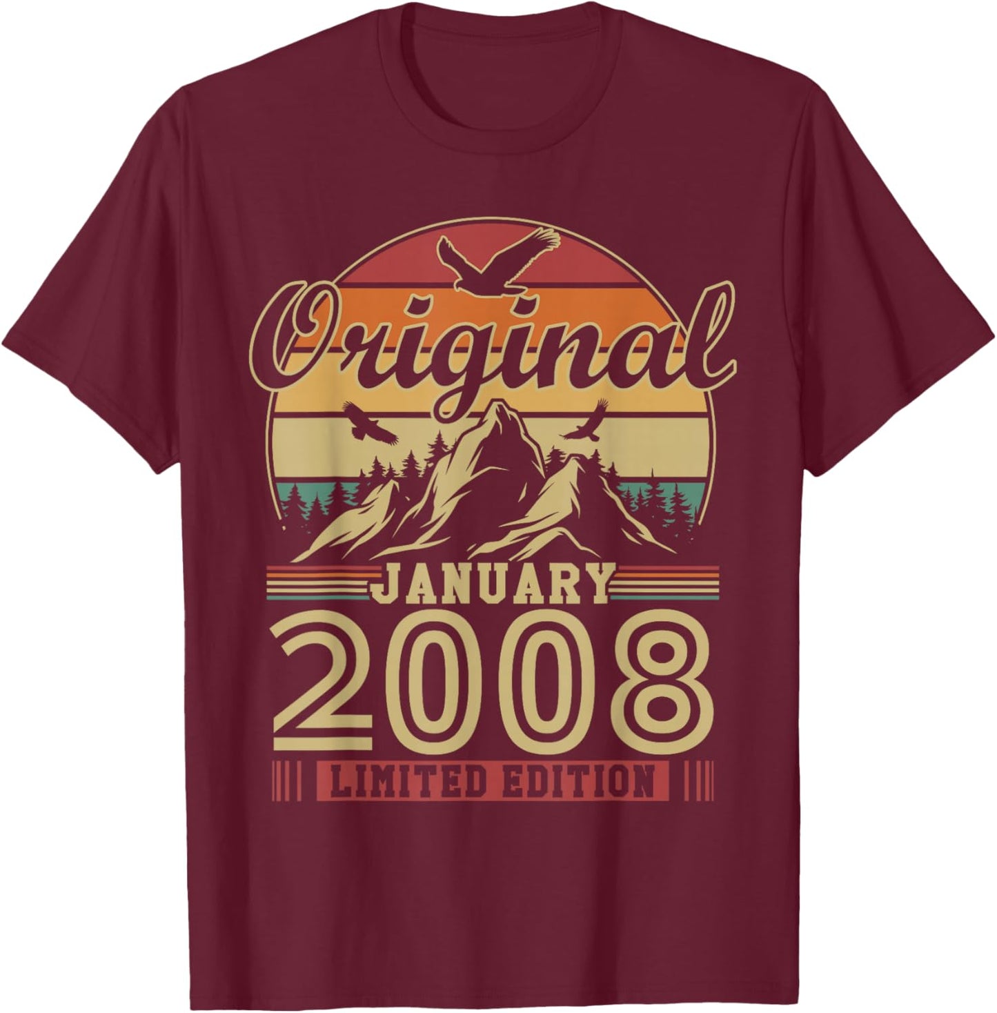 Vintage Birthday Gift 18 Years for Born in January 2008 T-Shirt - T-Shirt | Maroon