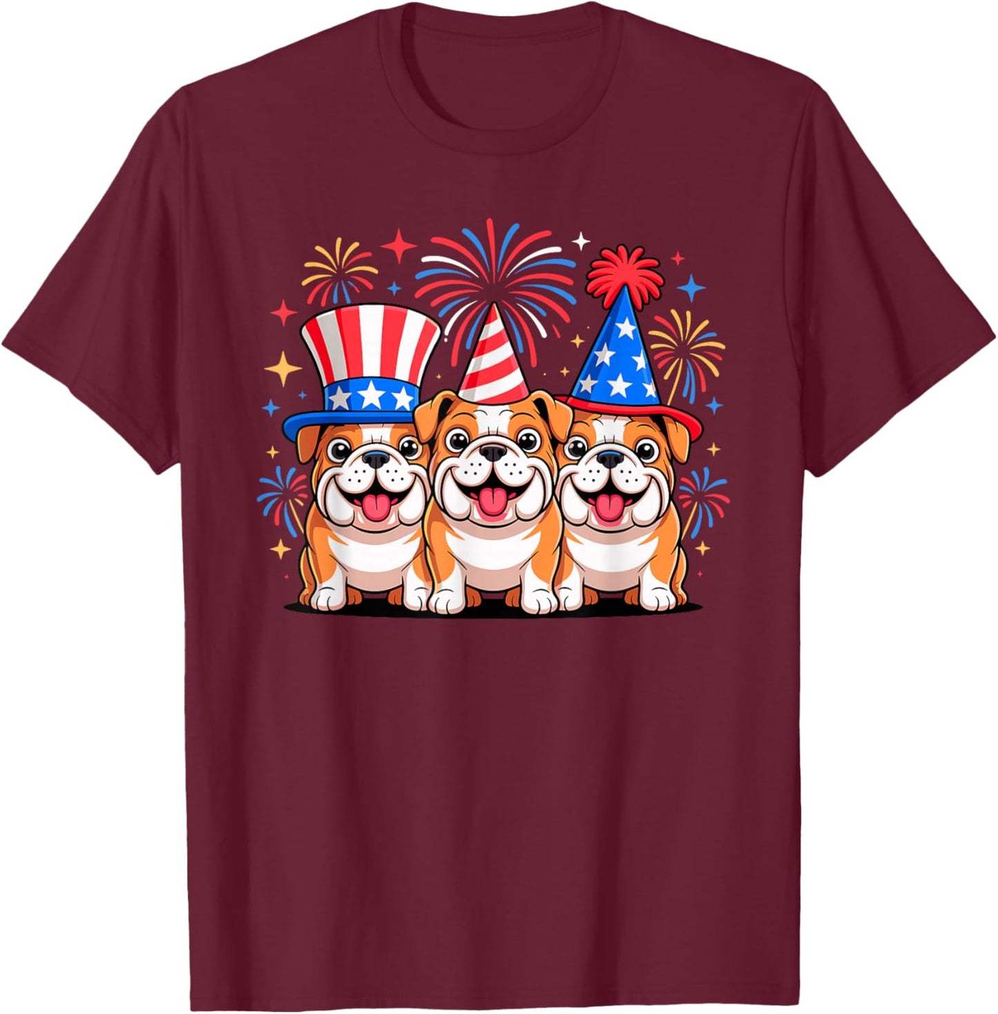 Fourth of July Bulldog Trio Patriotic Fireworks T-Shirt - T-Shirt | Maroon