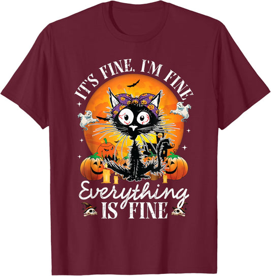 Black Cat It's Fine I'm Fine Everything Is Fine Halloween Women T-Shirt - T-Shirt | Maroon