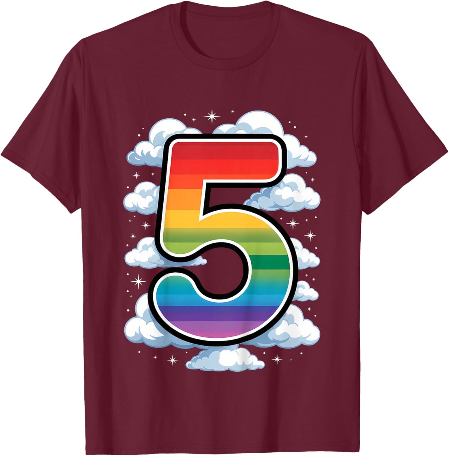 5th Birthday Rainbow and Clouds 5 Years Old Girls Boys Kids T-Shirt - T-Shirt | Maroon