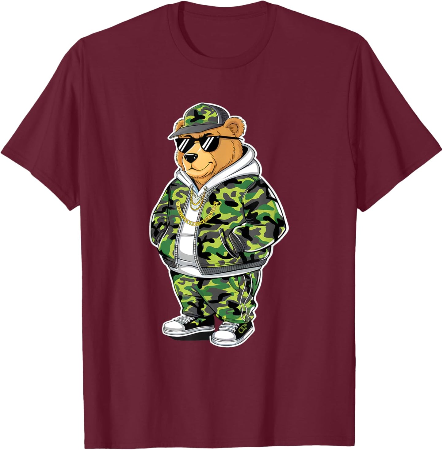 Hip Hop Camouflage Bear in Camo Funny Bear Hip Hop Design T-Shirt - T-Shirt | Maroon