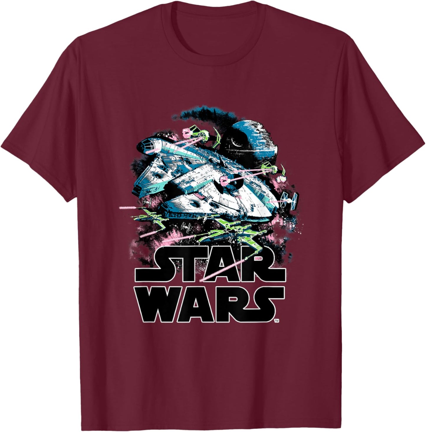 Star Wars Millennium Falcon and X-Wings Battle T-Shirt - T-Shirt | Maroon
