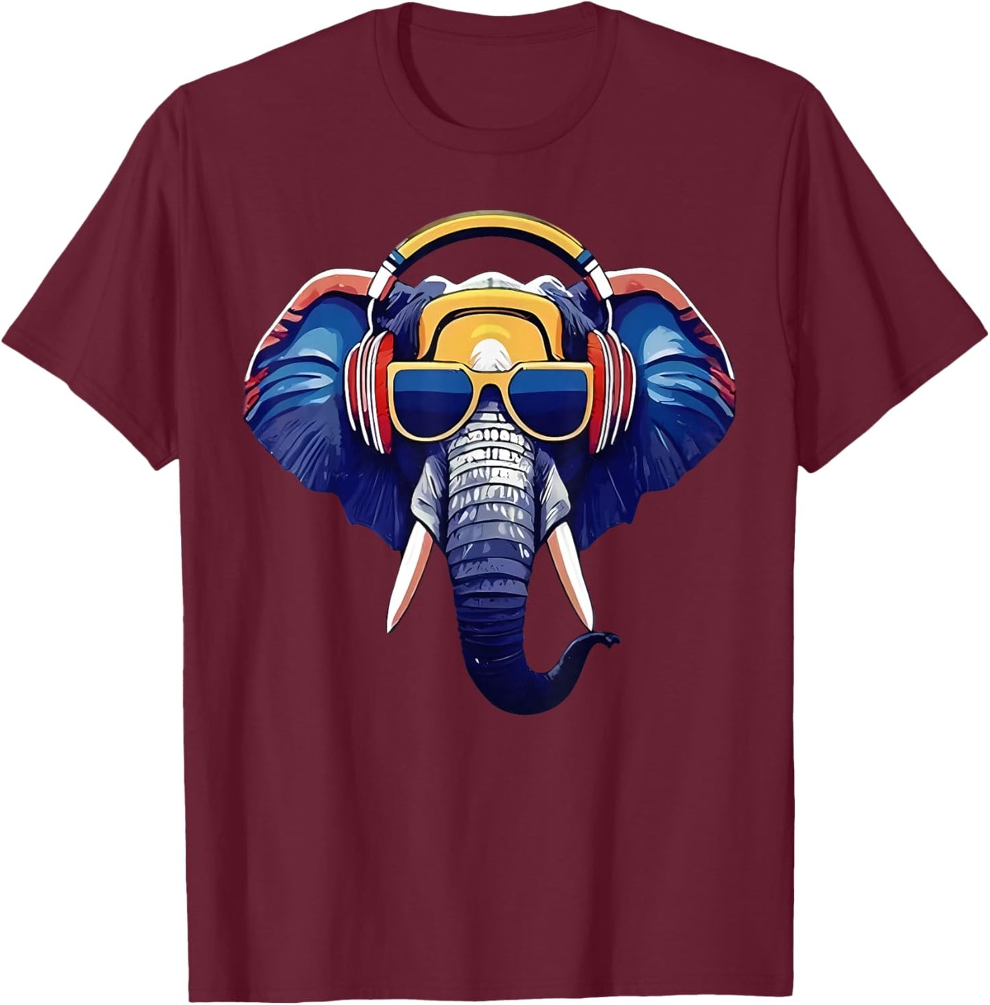 Cool Elephant Wearing Headphones And Sunglass Animal Lover T-Shirt - T-Shirt | Maroon