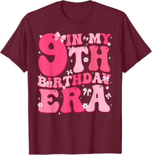 in My 9th Birthday Era Coquette Bow Theme 9 Year Old Kids T-Shirt - T-Shirt | Maroon