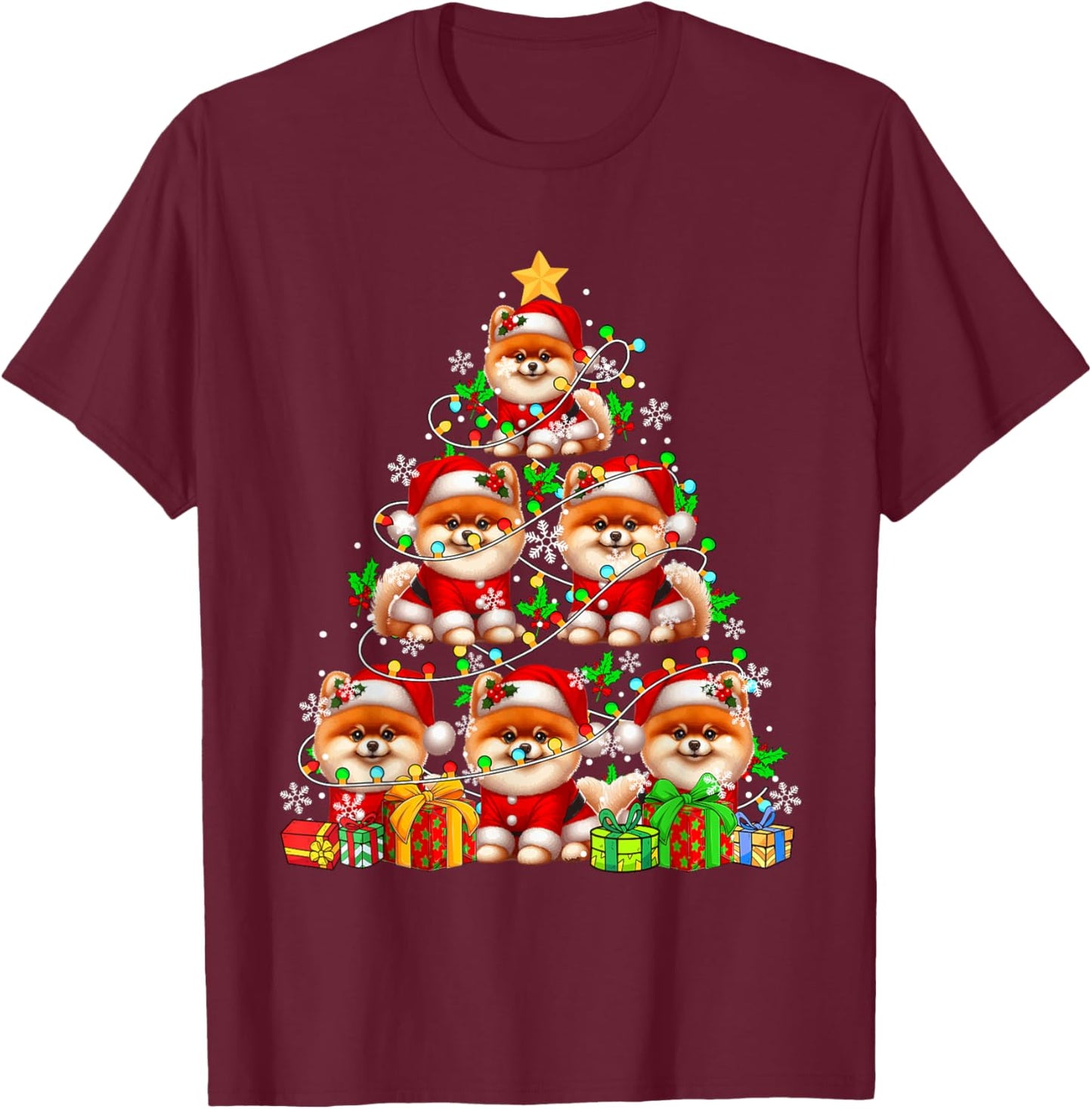 Group Santa Pomeranians As Xmas Tree Colorful Lights Owner T-Shirt - T-Shirt | Maroon