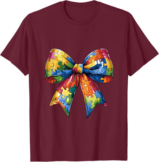 Autism Coquette Bow Autism Awareness T-Shirt - T-Shirt | Maroon