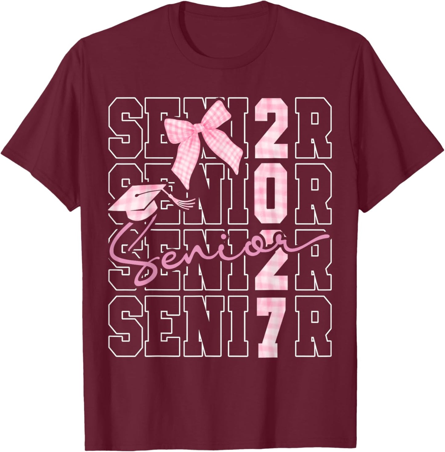 Senior 2027 Class of 2027 Coquette Pink Bow Graduation 2027 T-Shirt - T-Shirt | Maroon