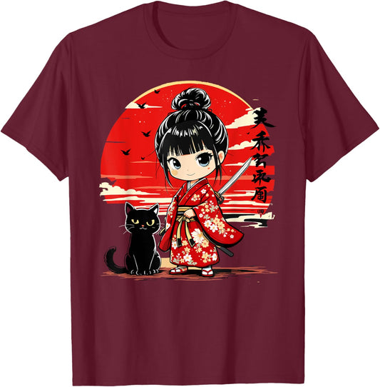 Cute Kawaii Samurai Girl and Cat Japanese Anime Kids Girls T-Shirt - T-Shirt | Maroon