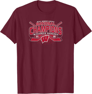 Wisconsin Badgers National Champs Women's Hockey 2026 Black T-Shirt - T-Shirt | Maroon