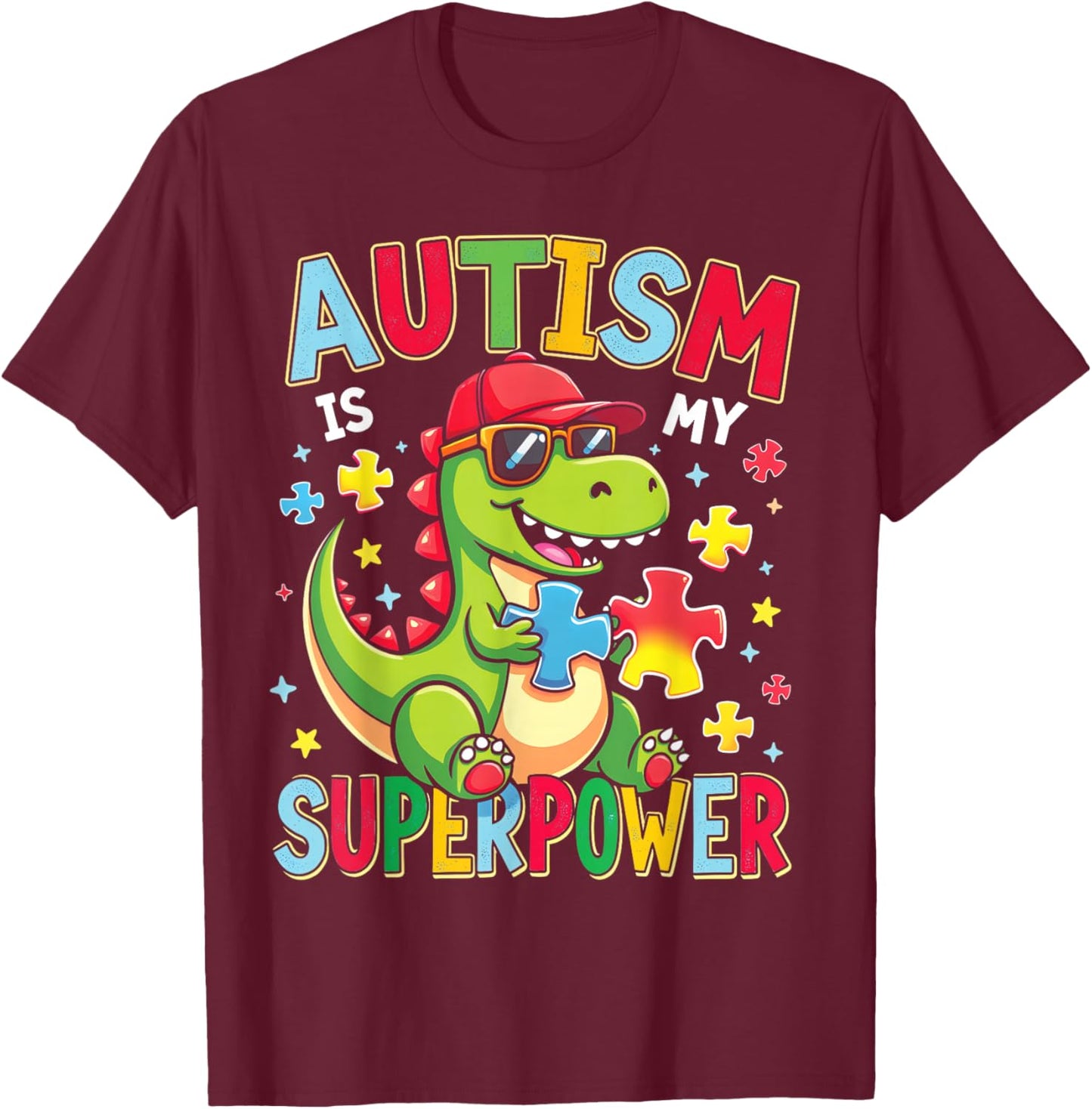 Autism Is My Superpower Autism Awareness Dinosaur Boys Kids T-Shirt - T-Shirt | Maroon