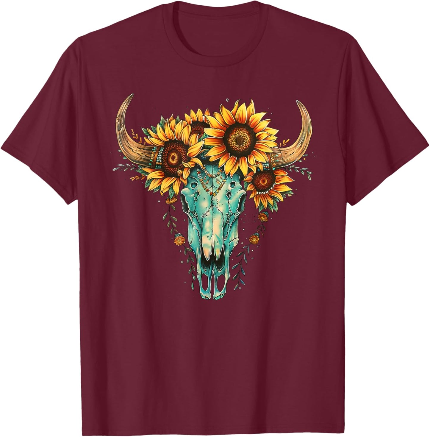 Vintage Boho Skull Western Sunflower Turquoise Bull Skull T-Shirt - T-Shirt | Maroon