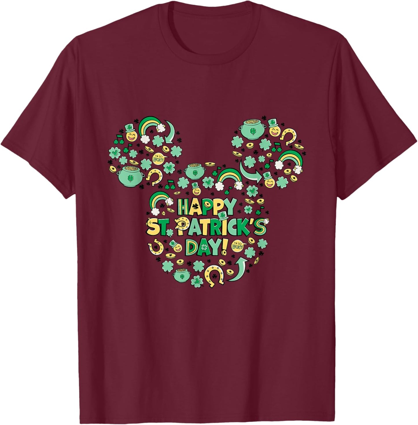 NEW Disney Mickey Mouse Lucky Icons Happy St. Patrick's Day T-Shirt - T-Shirt | Maroon