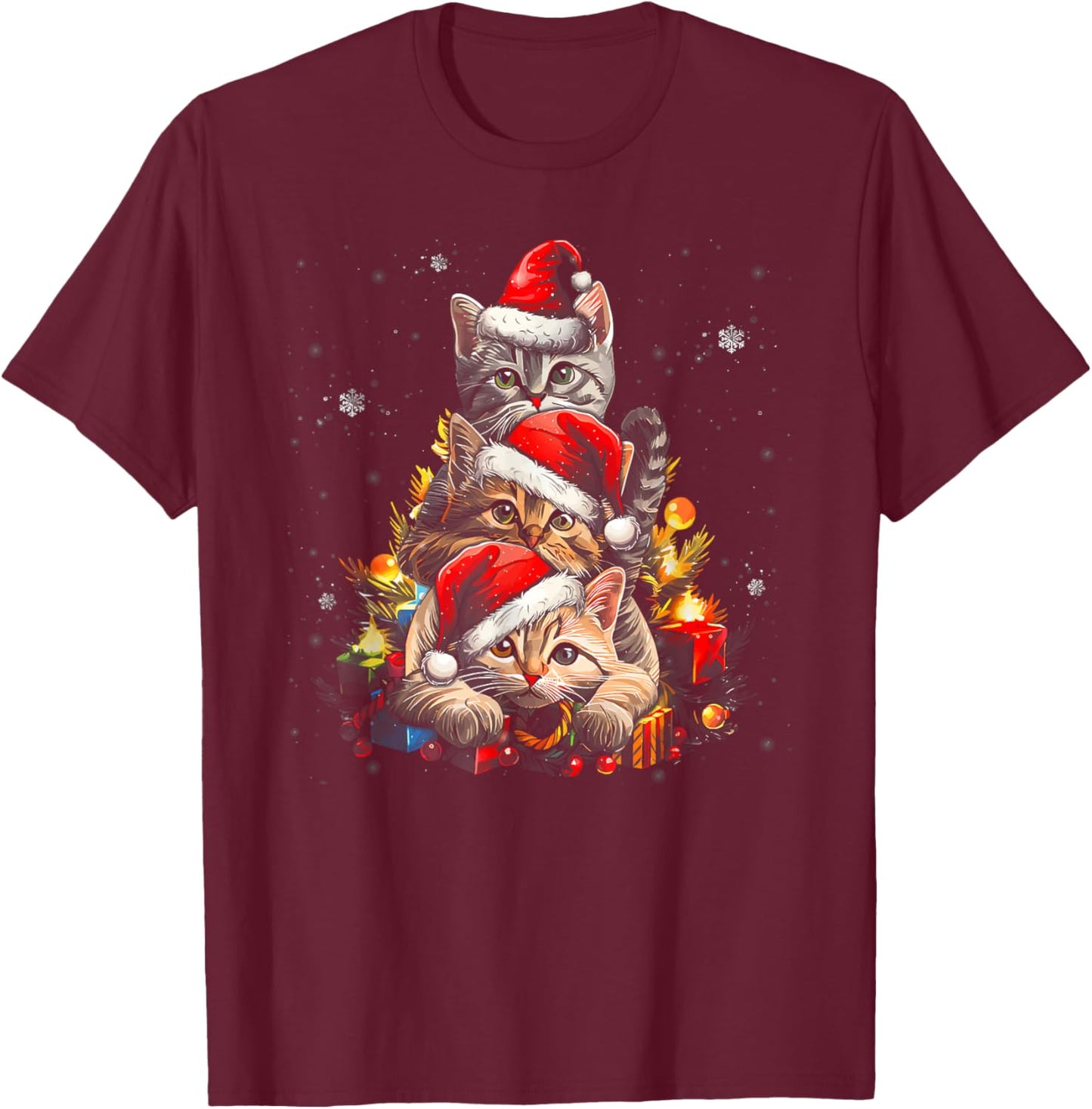 Cat Christmas Light Reindeer Santa Christmas Cat Lover T-Shirt - T-Shirt | Maroon
