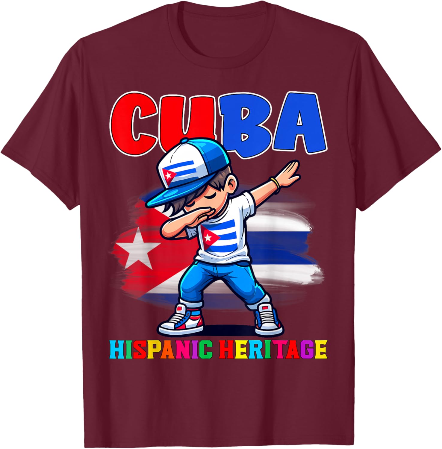 Cuba Dabbing Kid Hispanic Heritage Celebration for Kids T-Shirt - T-Shirt | Maroon