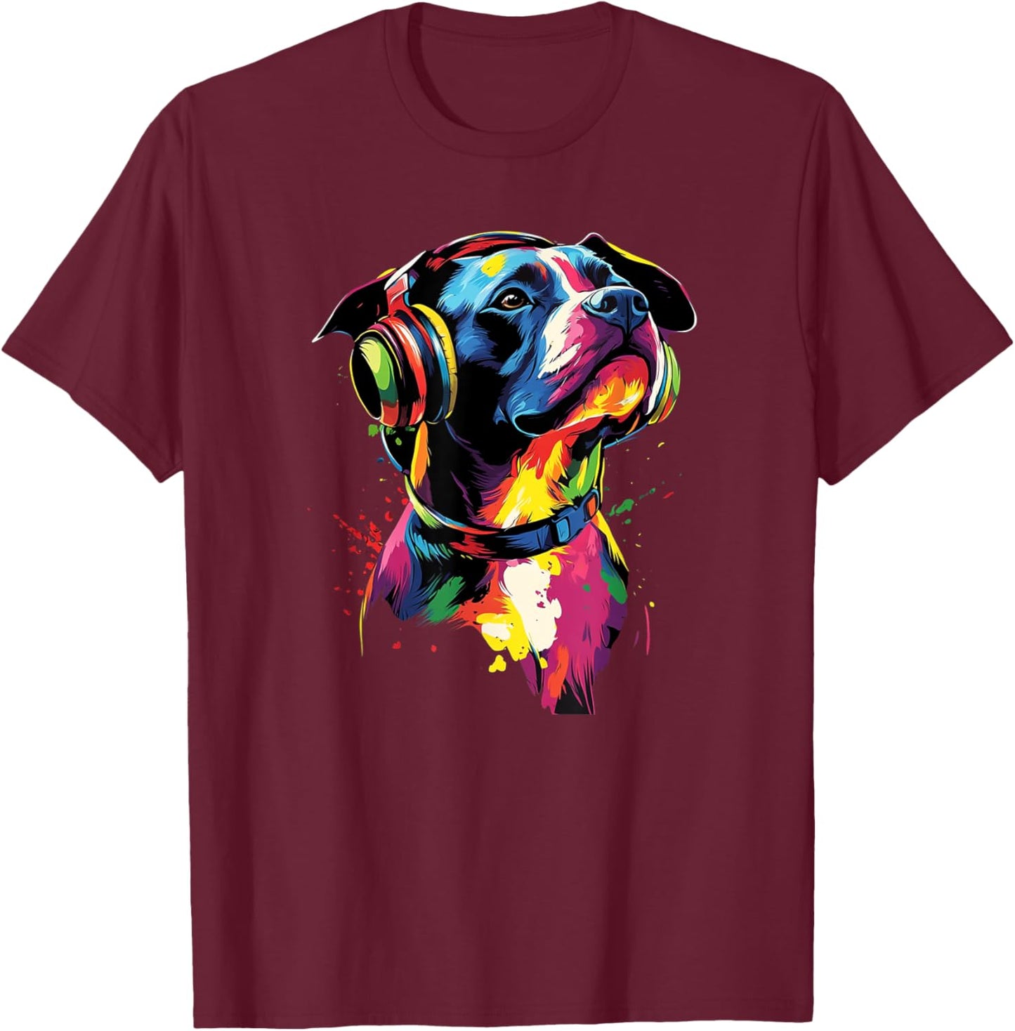 Artistic Colorful American Pit Bull Headphones Dog Pitbull Men Women Kids T-Shirt - T-Shirt | Maroon