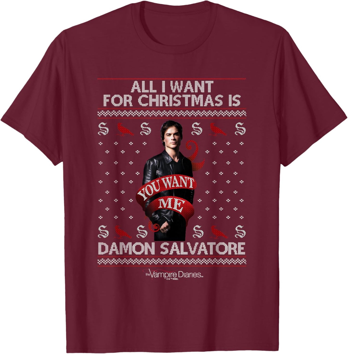 Vampire Diaries All I Want for Christmas is Damon Salvatore T-Shirt - T-Shirt | Maroon