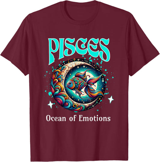 Pisces Ocean of Emotions Moon and Fish Cosmic Zodiac Design T-Shirt - T-Shirt | Maroon