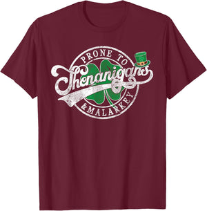Fun Clovers St Patrick's Day Prone To Shenanigans & Malarkey T-Shirt - T-Shirt | Maroon