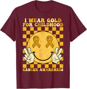 Groovy I Wear Gold For Childhood Cancer Awareness Smile Face T-Shirt - T-Shirt | Maroon