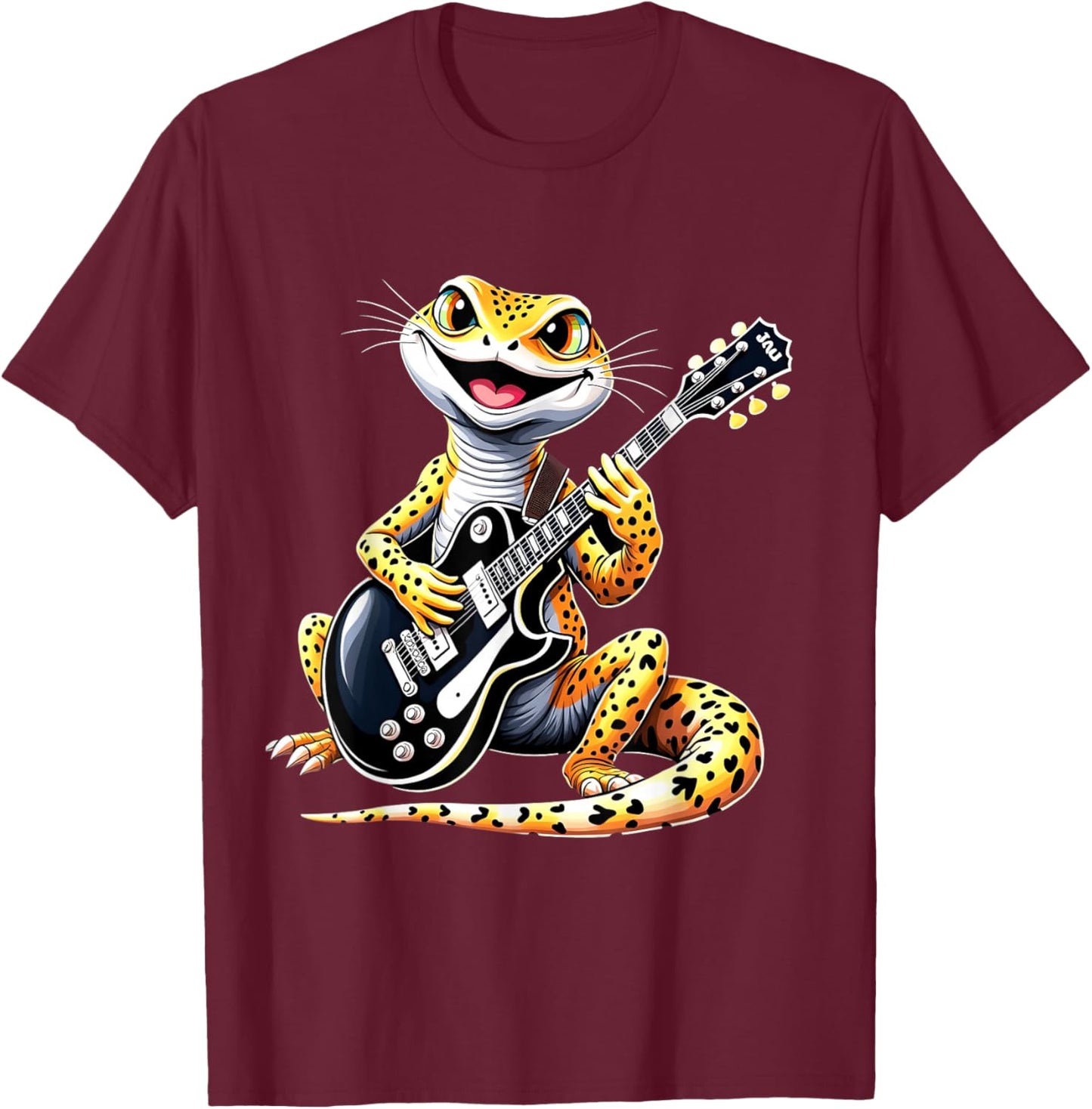Funny Leopard Gecko Playing Electric Guitar Music Lovers T-Shirt - T-Shirt | Maroon