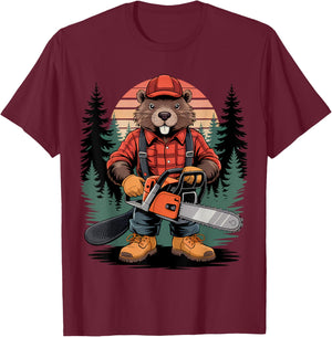 Castor Mignon avec tronçonneuse Enfants garçons Filles Menuisier T-Shirt - T-Shirt | Maroon