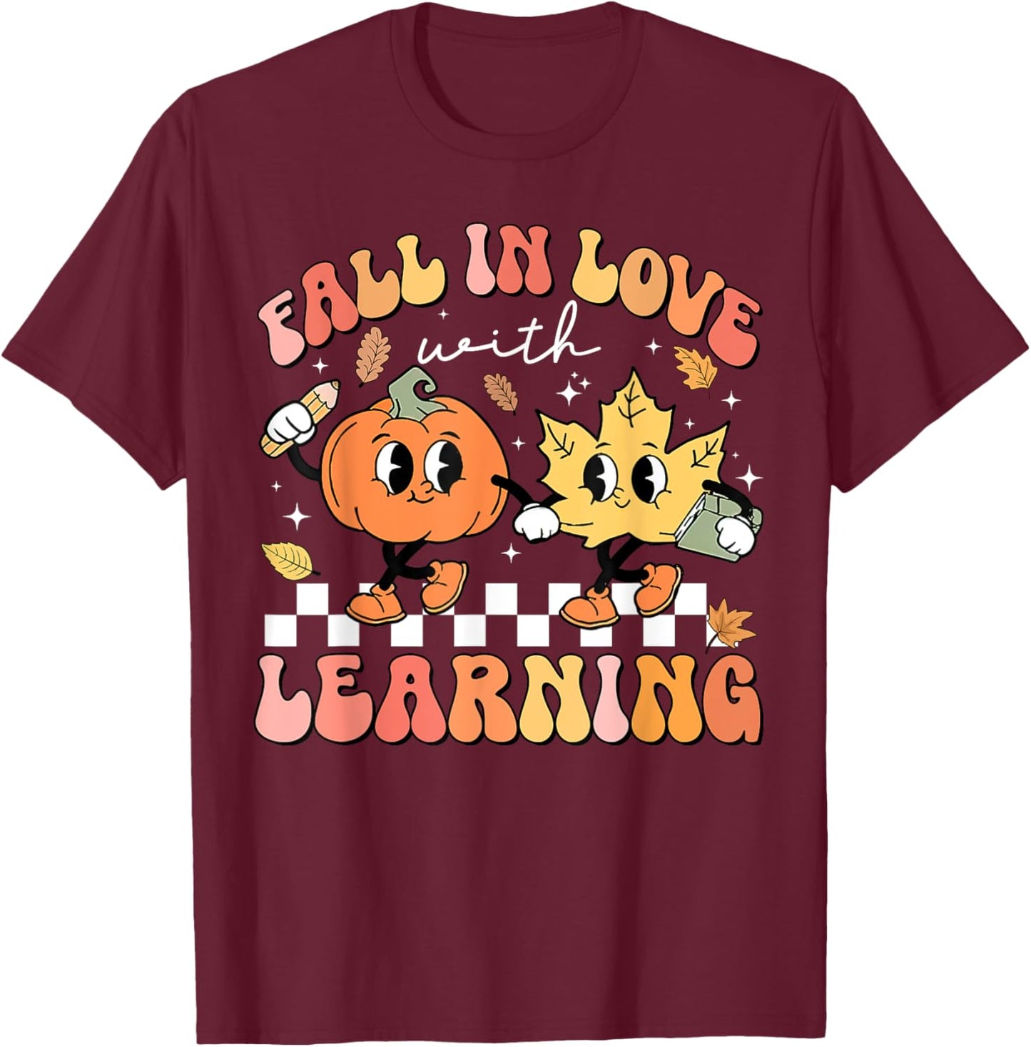 Retro Fall In Love With Learning Autumn Pumpkin Teacher T-Shirt - T-Shirt | Maroon