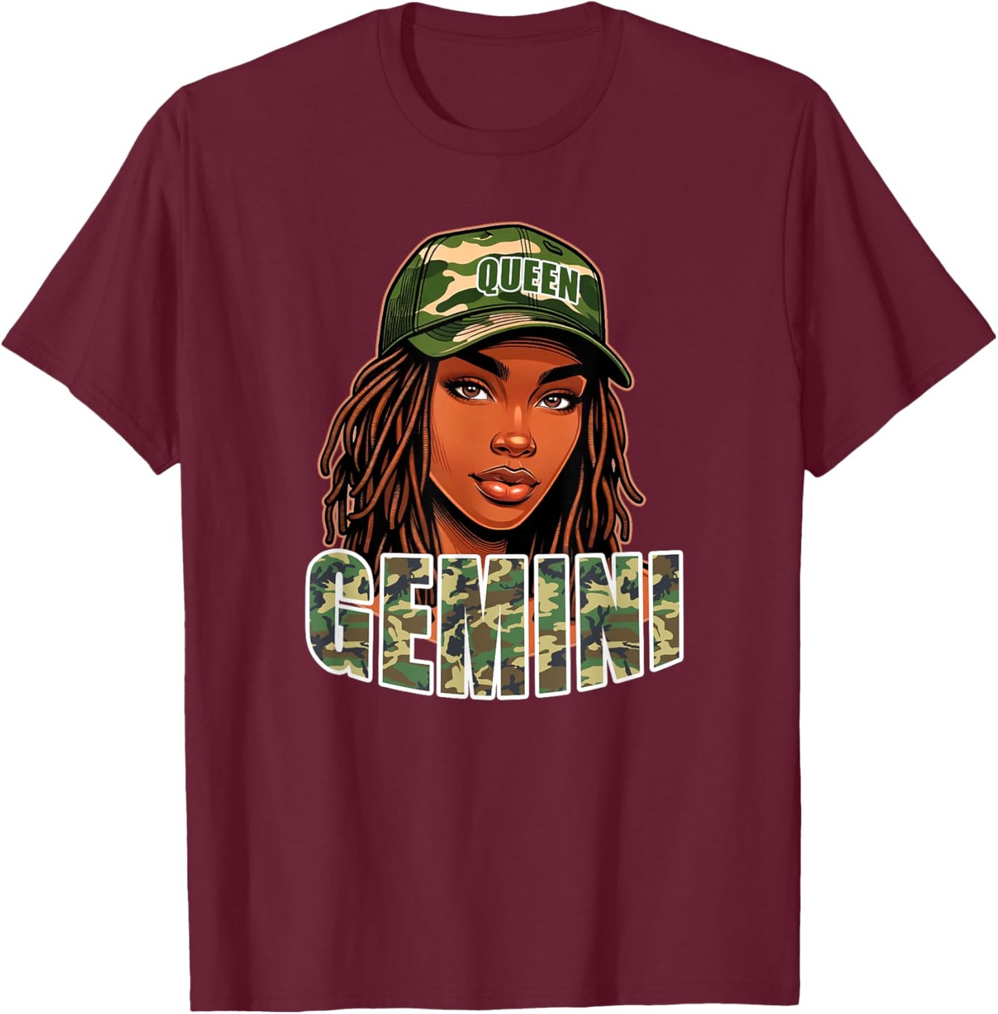 Gemini Queen Camo Hat Locs Birthday Black Woman T-Shirt - T-Shirt | Maroon