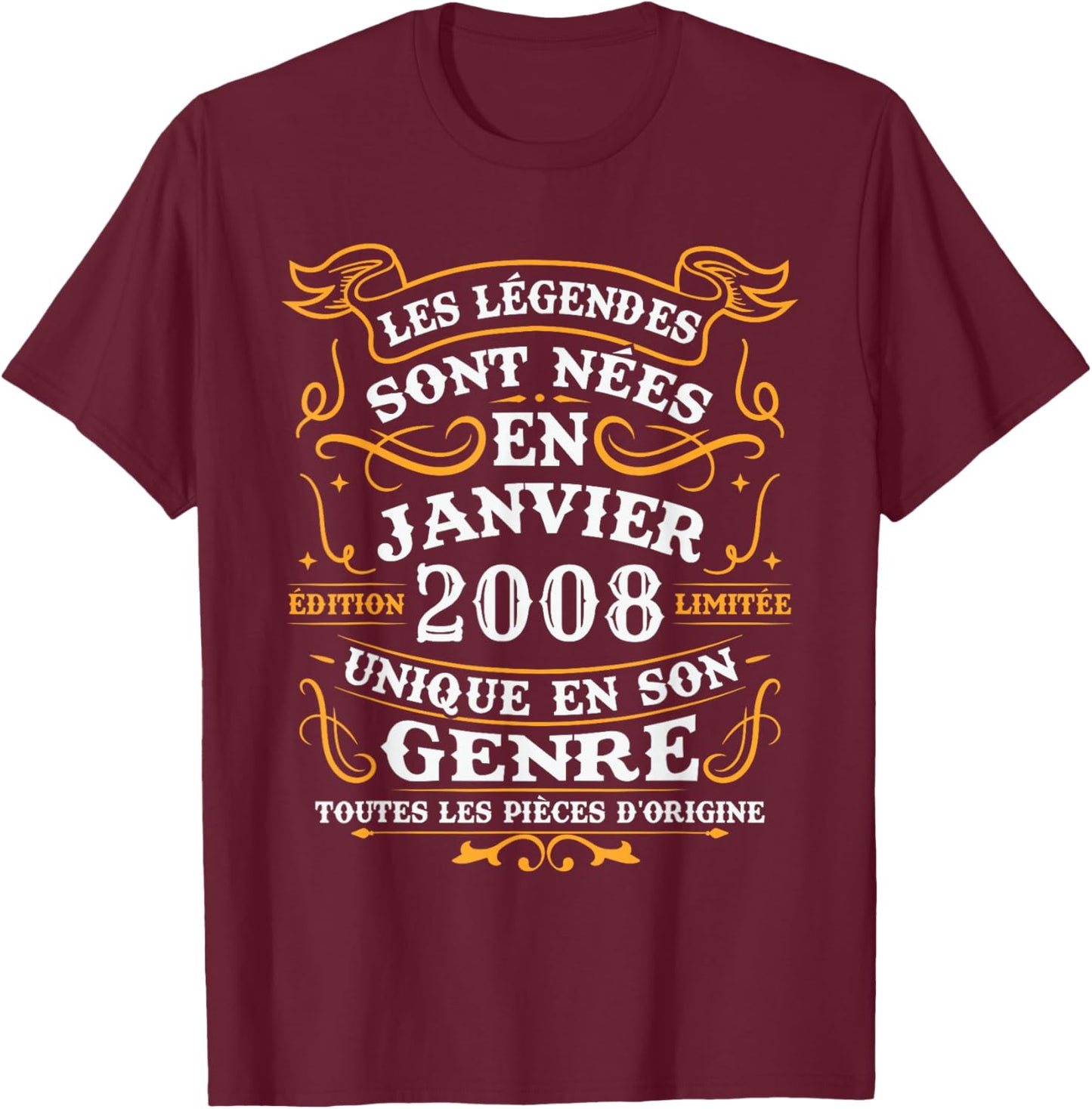 Vintage Birthday Gift 18 Years Born in January 2008 T-Shirt - T-Shirt | Maroon