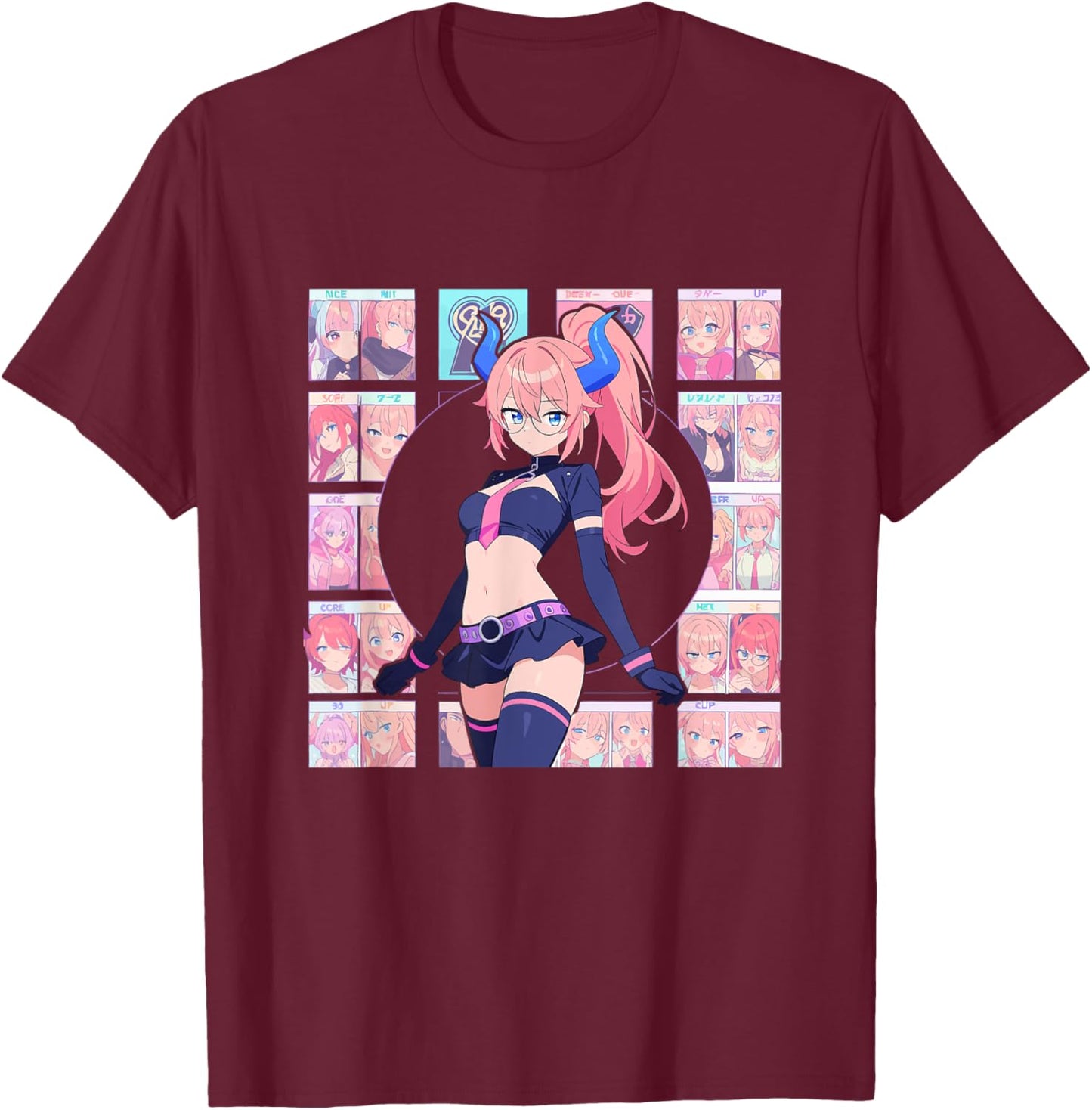 Waifu Sexy Anime Girl Horns Mini Skirt Japanese Retro Art T-Shirt - T-Shirt | Maroon