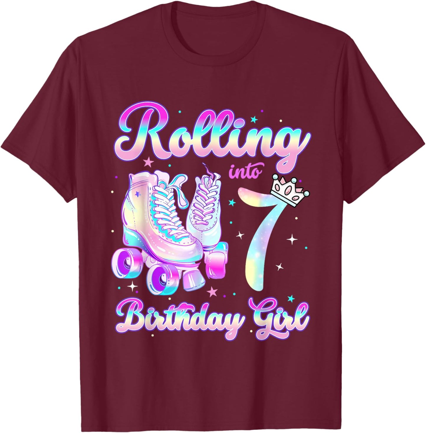 Kids Rolling Into 7 Roller Skating 7th Birthday Girl Party T-Shirt - T-Shirt | Maroon
