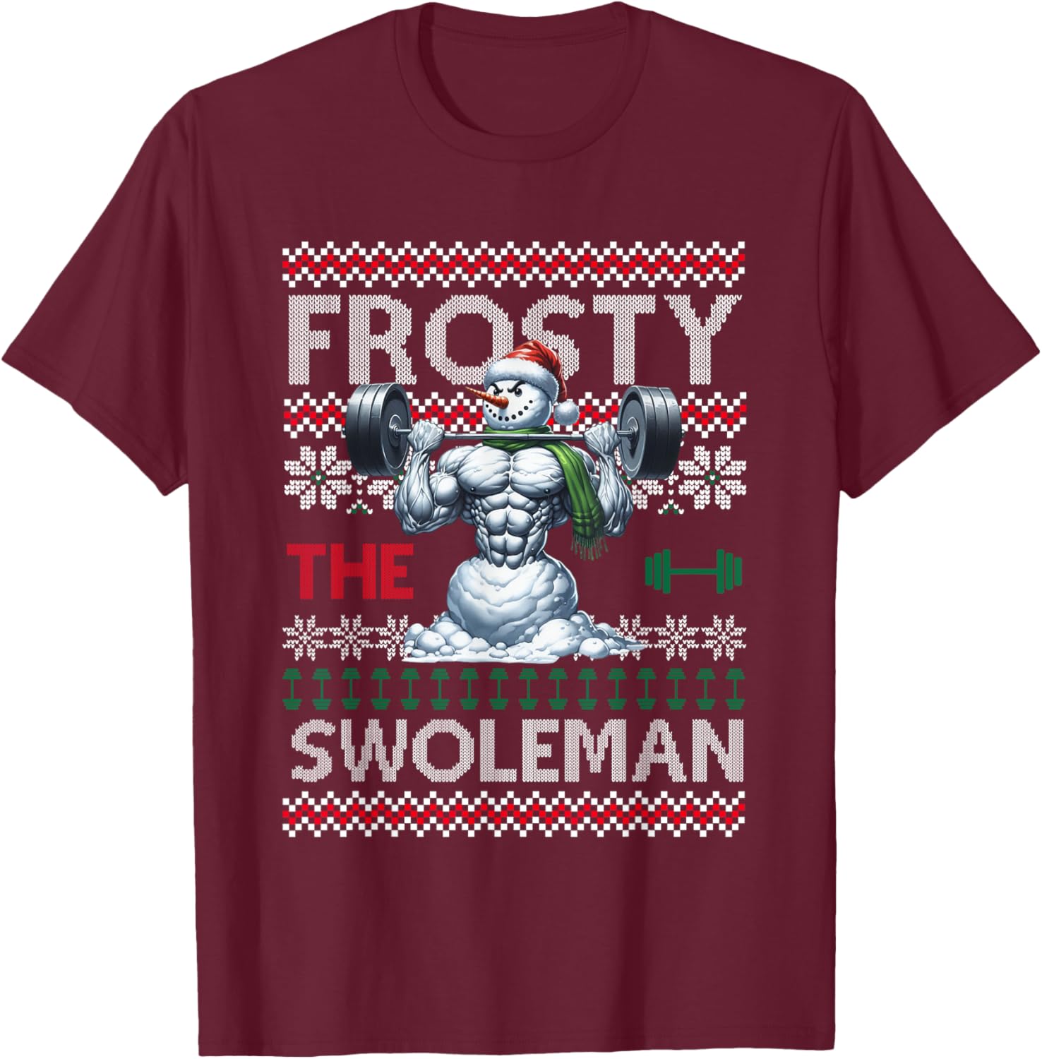 Frosty the Swoleman Funny Muscle Snowman Weightlifting Gym T-Shirt - T-Shirt | Maroon