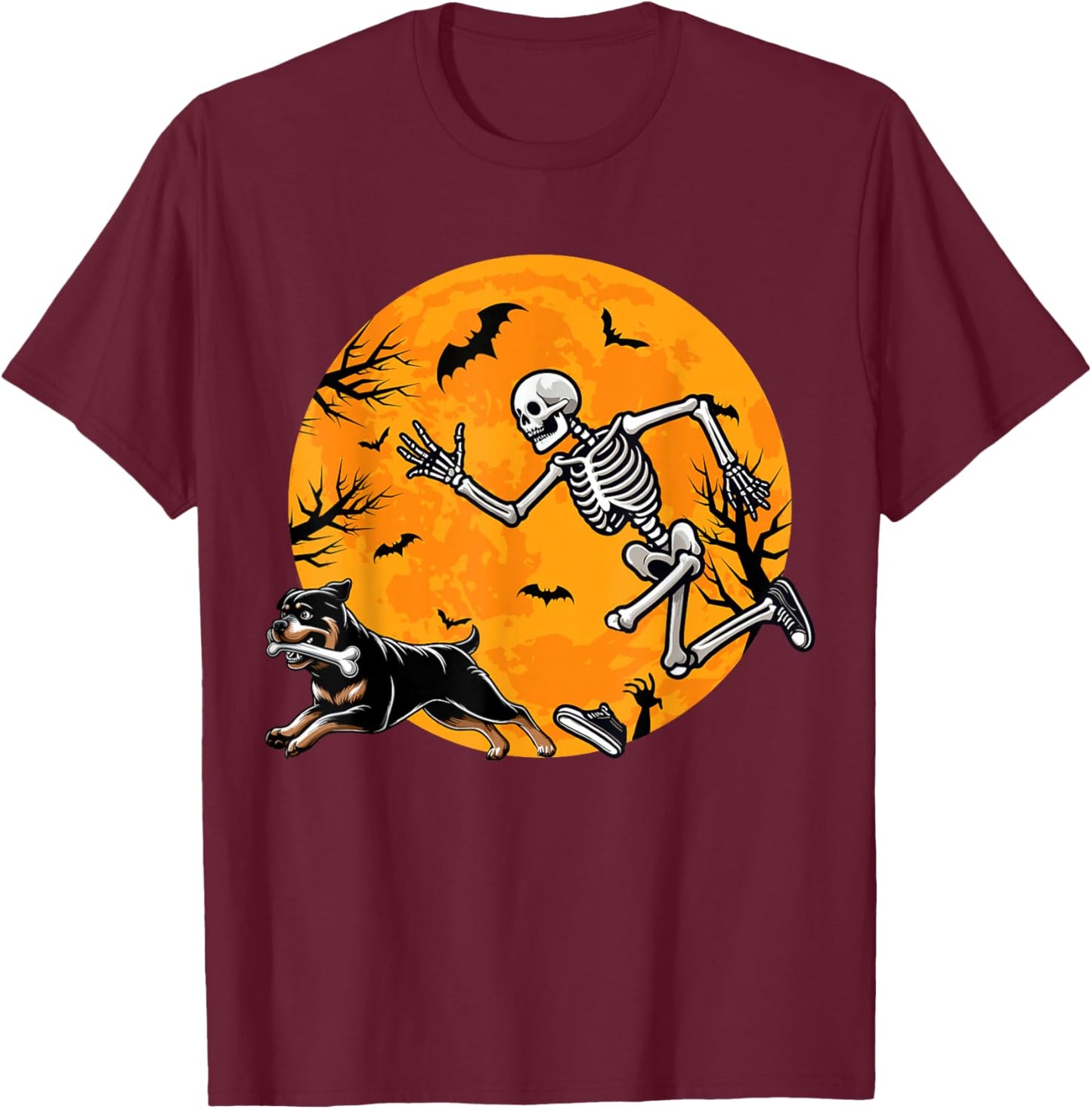 Halloween Dog Skeleton Chasing Dog Halloween Rottweiler T-Shirt - T-Shirt | Maroon