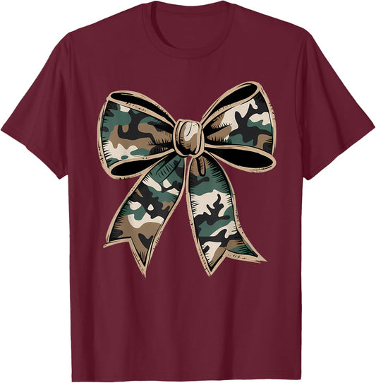 Camouflage Old Camo Bow Camo Coquette Bow Hunting Women Girl T-Shirt - T-Shirt | Maroon
