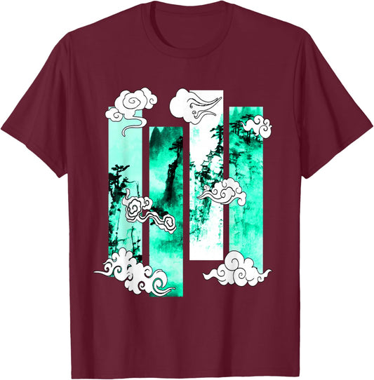 Light Teal Aqua Japanese Cliffs Scene Light Teal Aqua T-Shirt - T-Shirt | Maroon