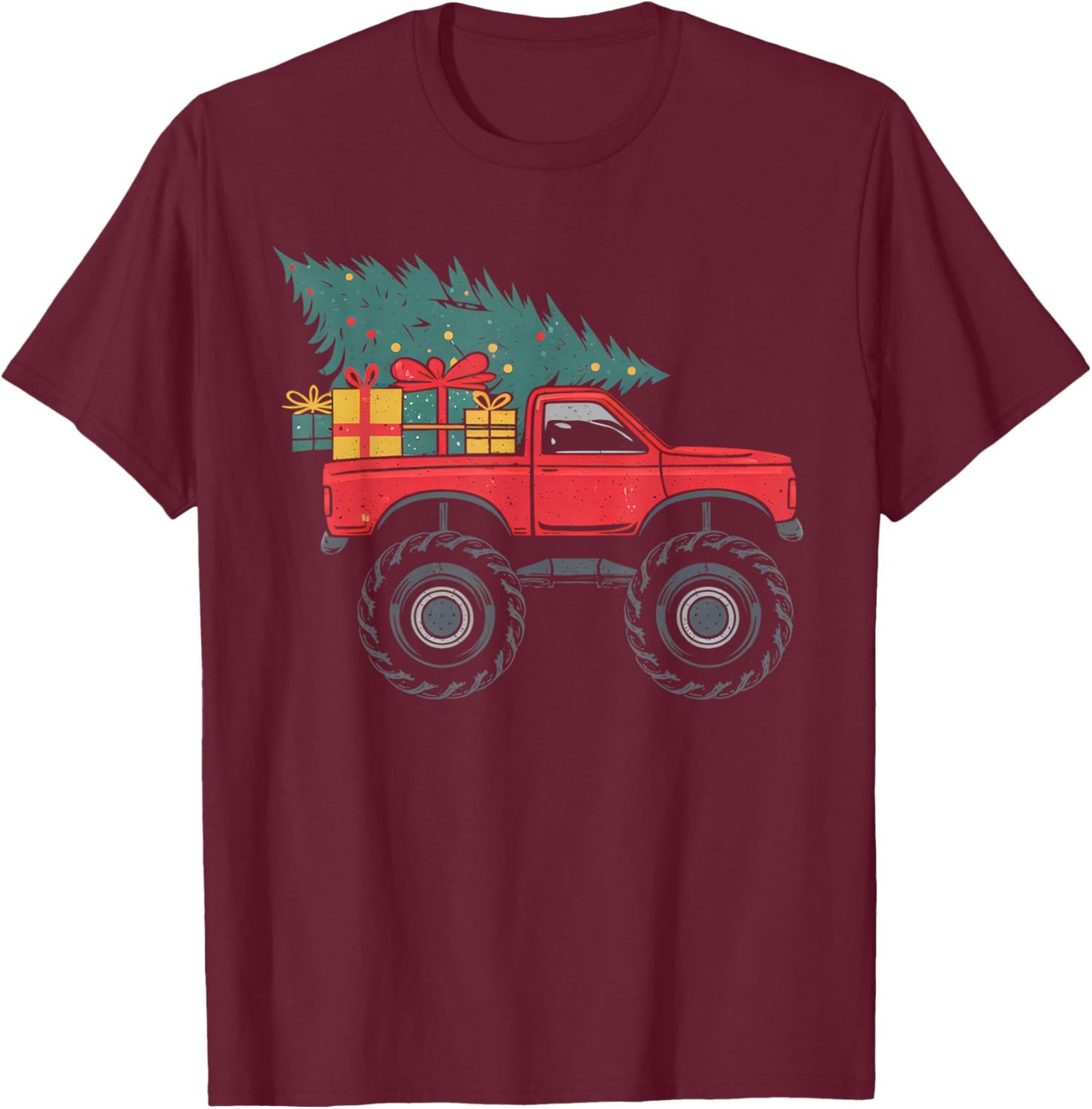 Boys Monster Truck Christmas Tree Xmas Squad Kids Toddler T-Shirt - T-Shirt | Maroon