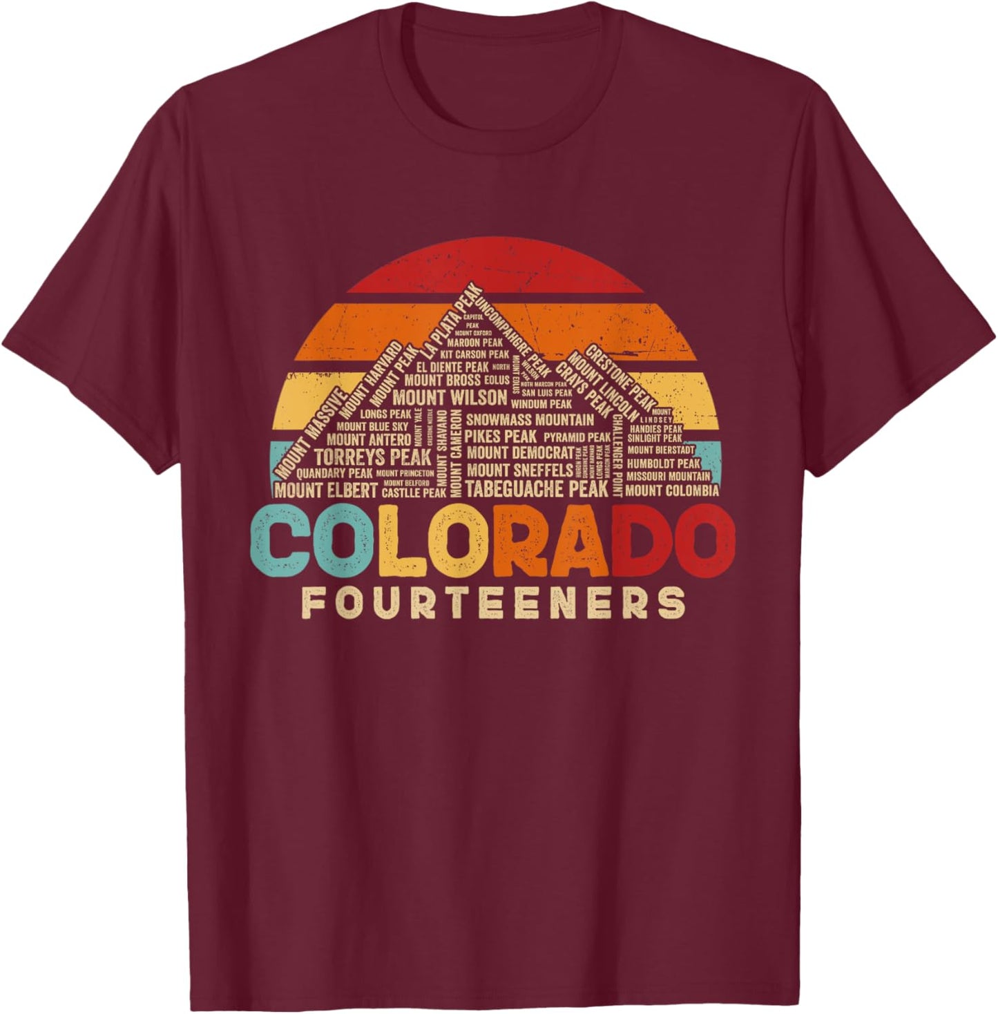 Colorado 14ers Fourteeners Rocky Mountain State Hiker Retro T-Shirt - T-Shirt | Maroon