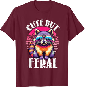 Funny Raccoon Shirt Cute But Feral Retro Racoon Sunglasses T-Shirt - T-Shirt | Maroon