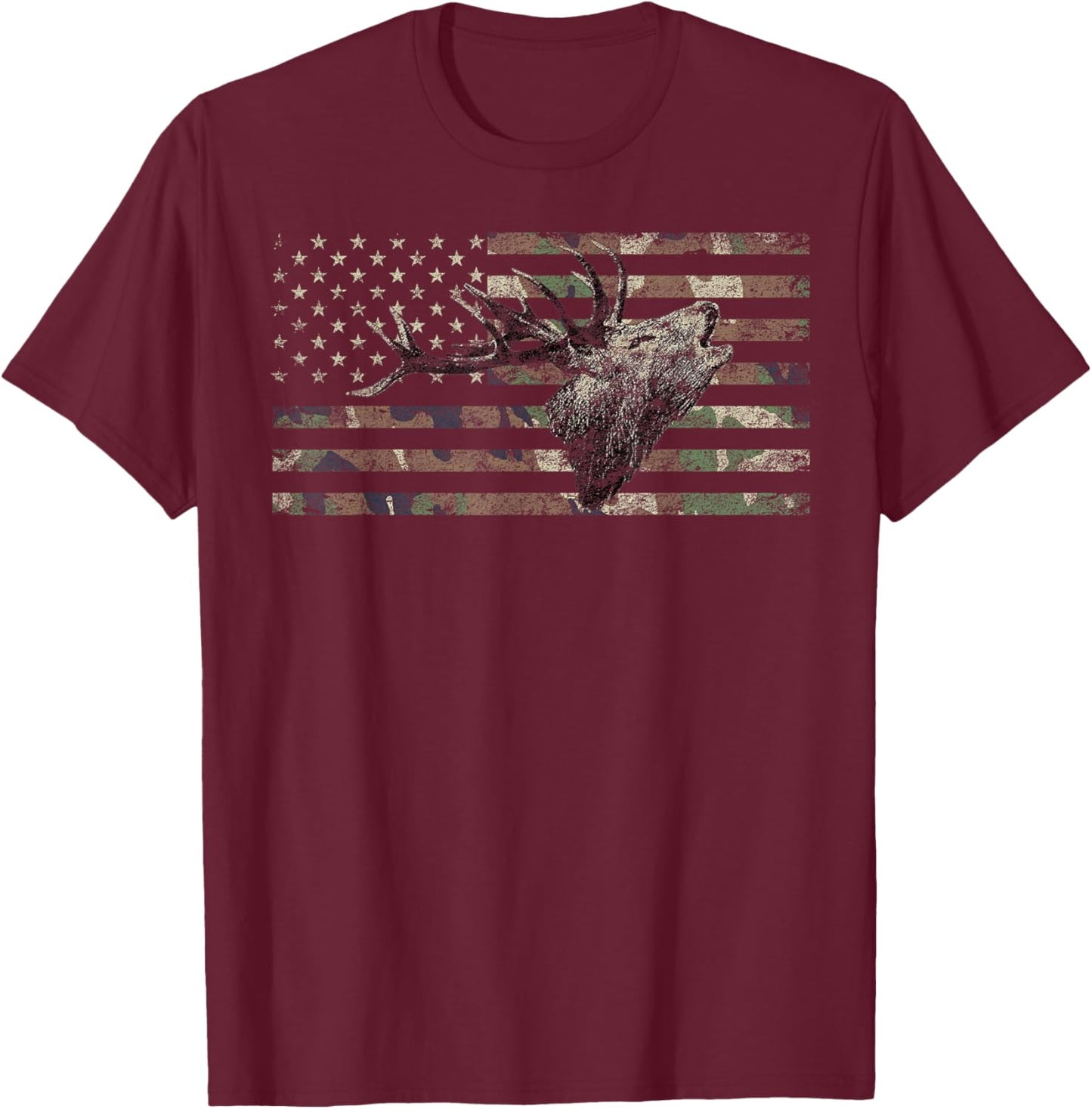 Deer Hunting Camo American Flag Buck Calling Hunter Country T-Shirt - T-Shirt | Maroon