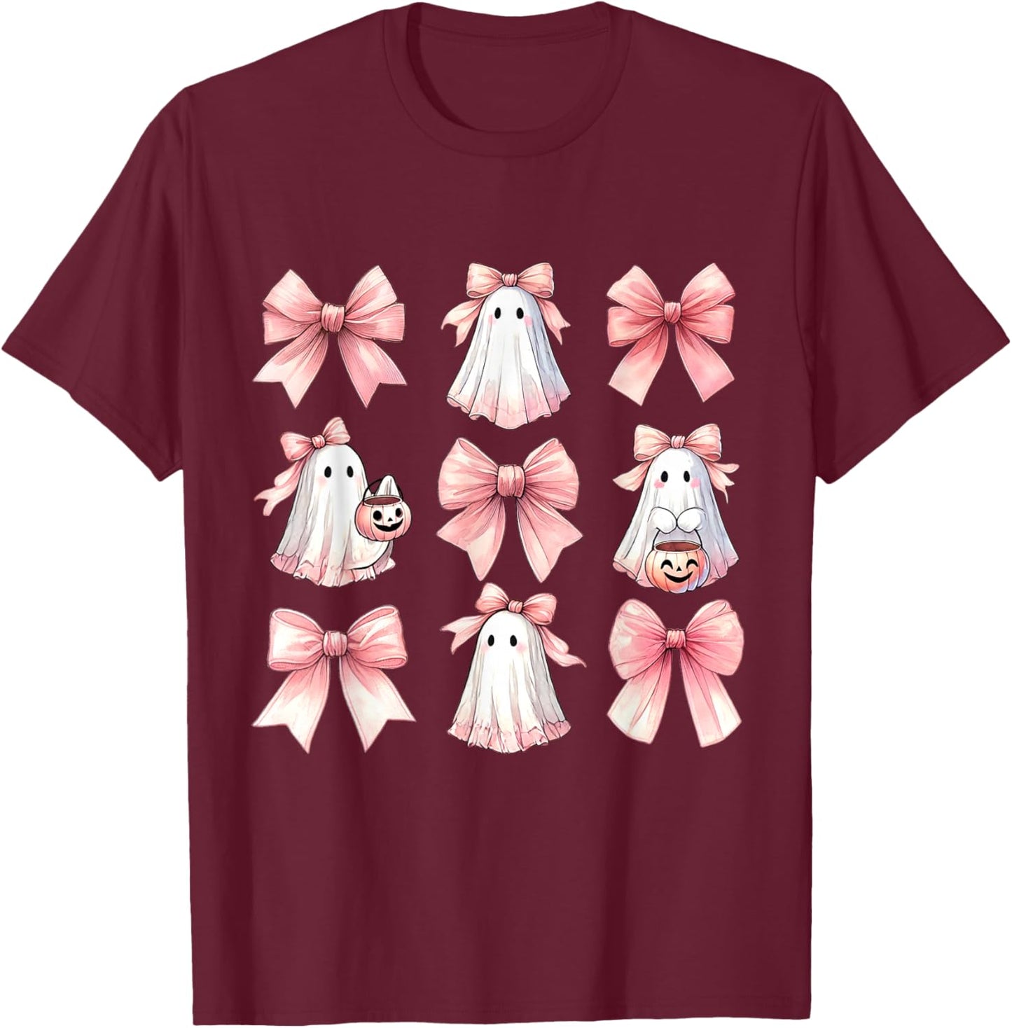 Cute Ghost Florals Pink Coquette Bows Pumpkins Halloween T-Shirt - T-Shirt | Maroon