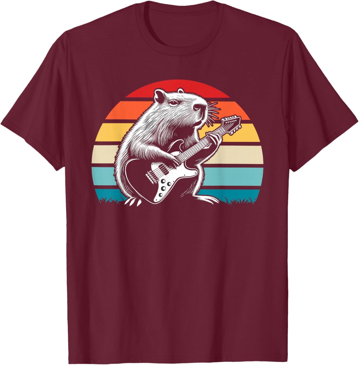 Capybara Playing Electric Guitar Retro T-Shirt - T-Shirt | Maroon
