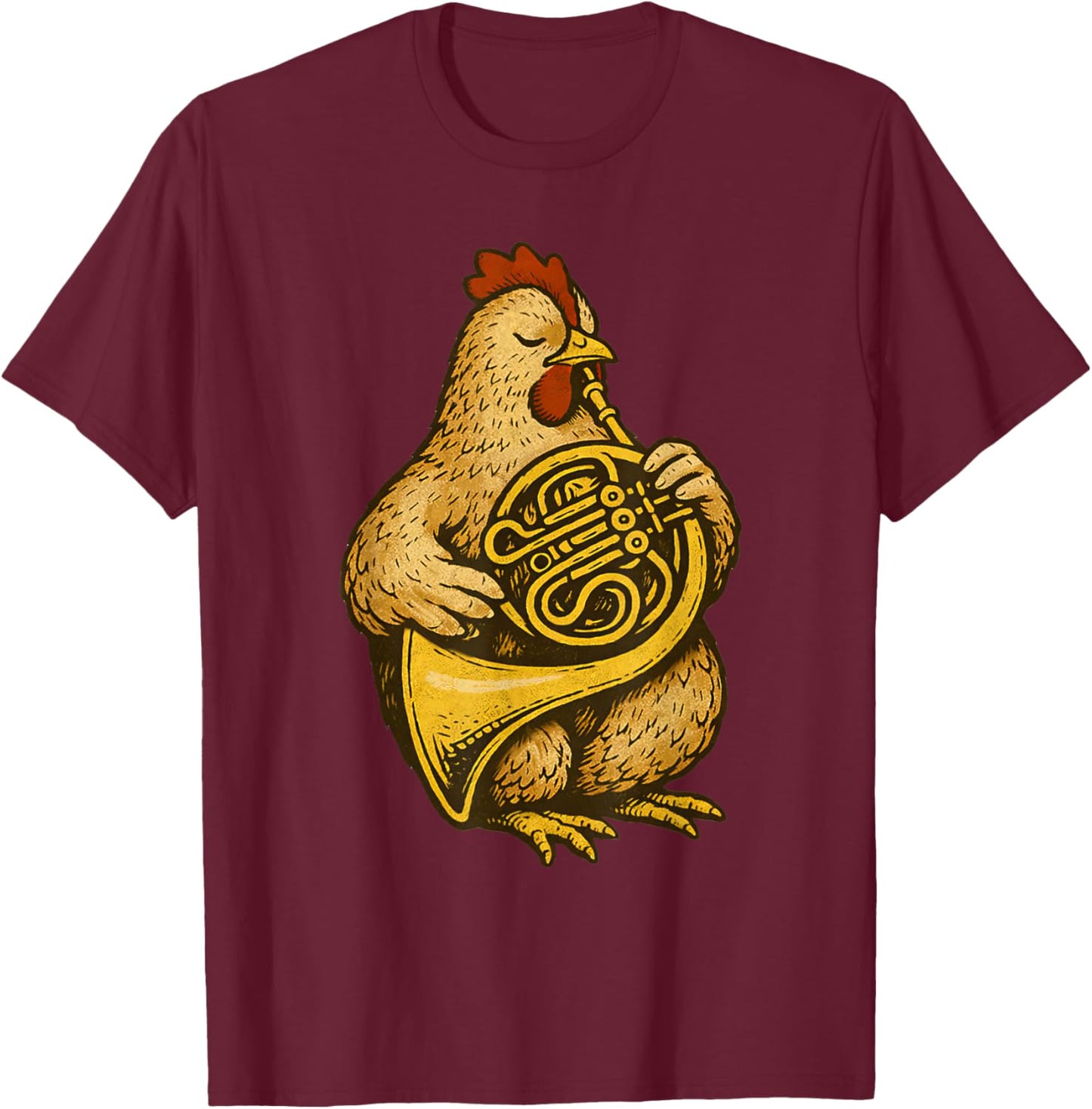 Cute Chicken Playing French Horn Musician Music T-Shirt - T-Shirt | Maroon