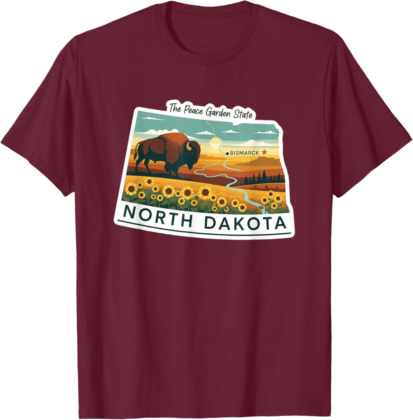 North Dakota Bison Büffel Illustration T-Shirt - T-Shirt | Maroon