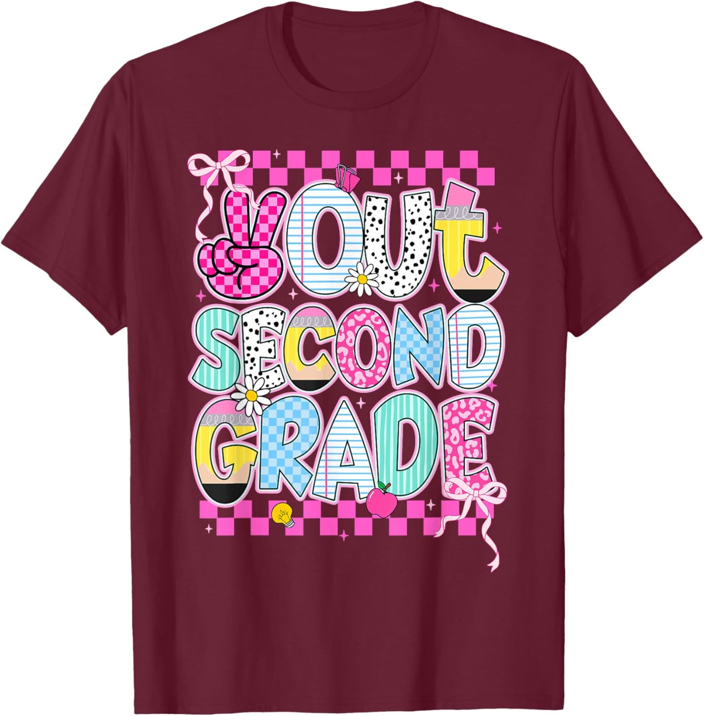 Peace Out 2nd Grade Graduation Last Day School Girls Kids T-Shirt - T-Shirt | Maroon