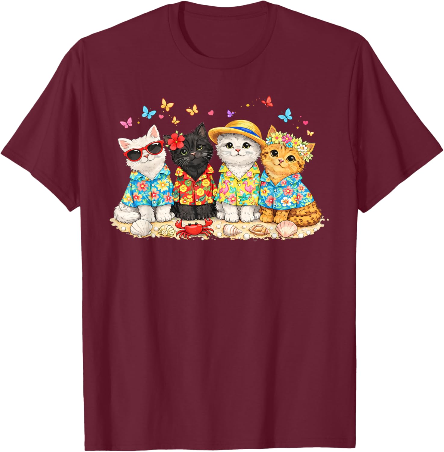 Hello Summer Beach Cats Hawaiian Aloha Cute Kitten Cat Lover T-Shirt - T-Shirt | Maroon