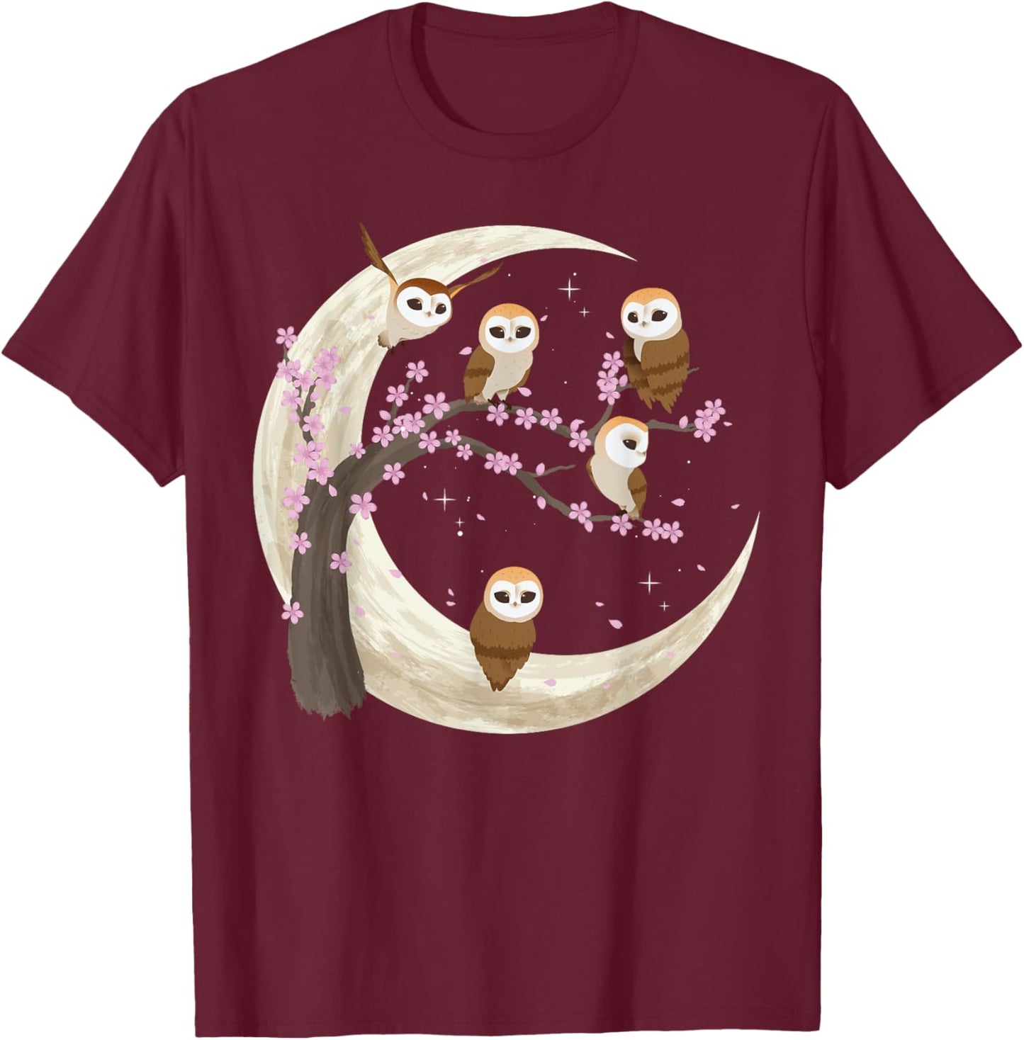 Owls Moon Shirt Japanese Sakura Cherry Blossom Owls Night T-Shirt - T-Shirt | Maroon