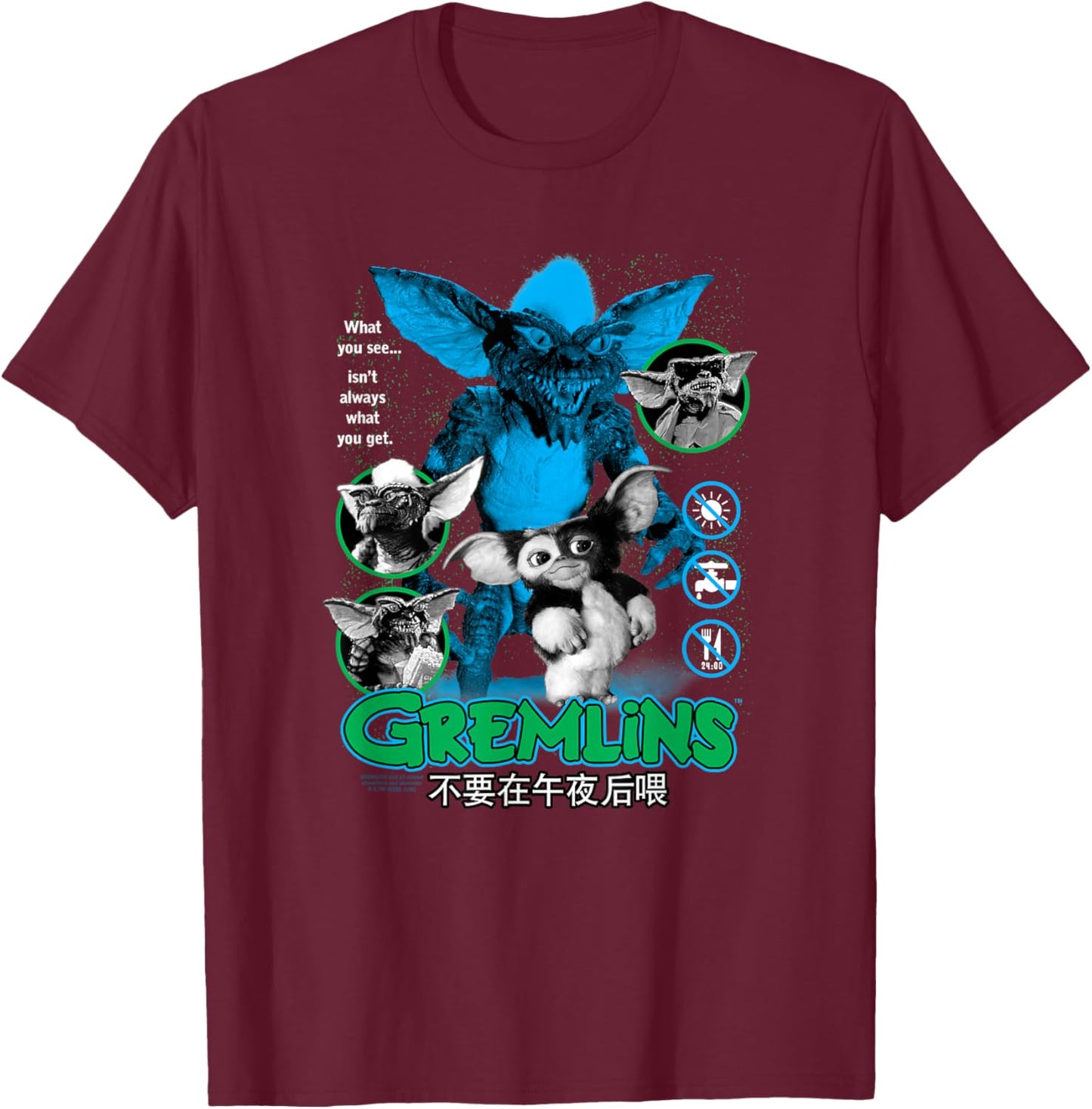 Gremlins Modern Poster Collage with Kanji Funny 80's Movie T-Shirt - T-Shirt | Maroon
