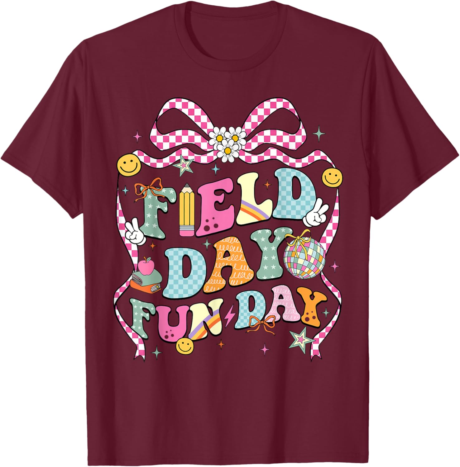 School Field Day Fun Day Field Trip Coquette Bow Teacher Kid T-Shirt - T-Shirt | Maroon