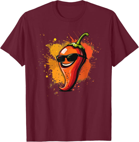 Chili Sunglasses Face for spicy and hot Food Lovers T-Shirt - T-Shirt | Maroon