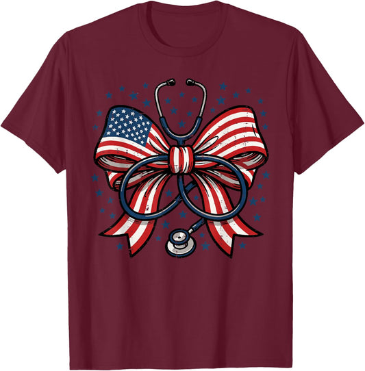 4th of July Nurse US Flag Bow Stethoscope Scrub Top Women T-Shirt - T-Shirt | Maroon