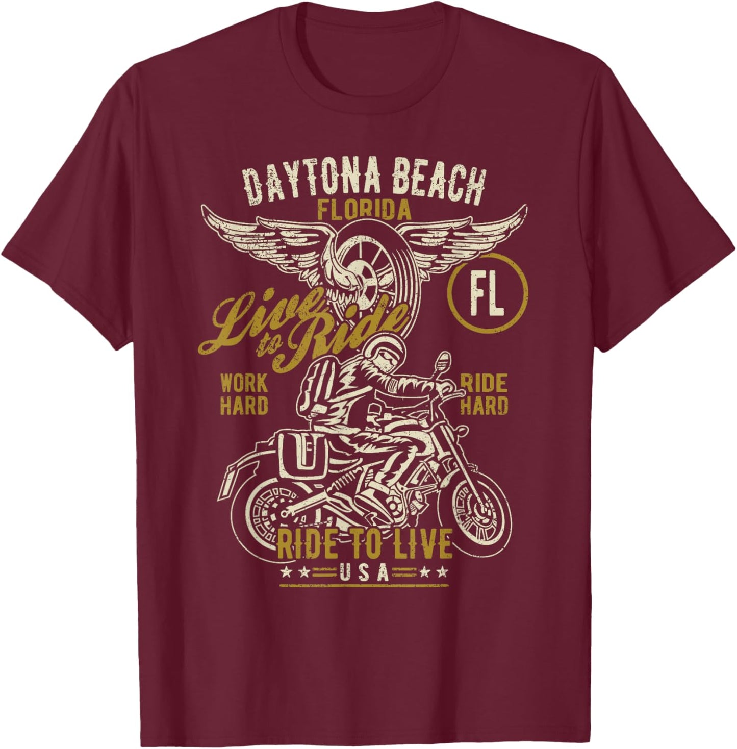 Daytona Beach Florida USA Motorcycle Distressed Design T-Shirt - T-Shirt | Maroon